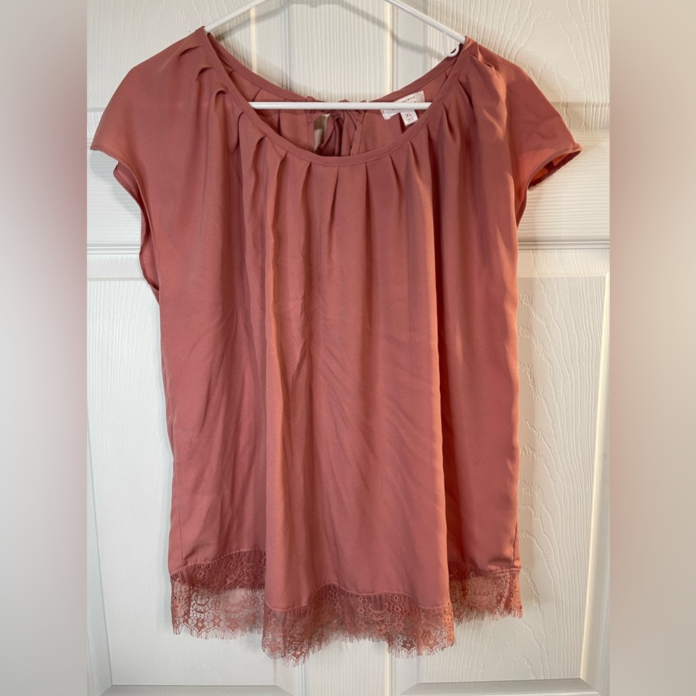 LC Lauren Conrad Womens Rose Pink Short Sleeve Lace Trim Blouse XL